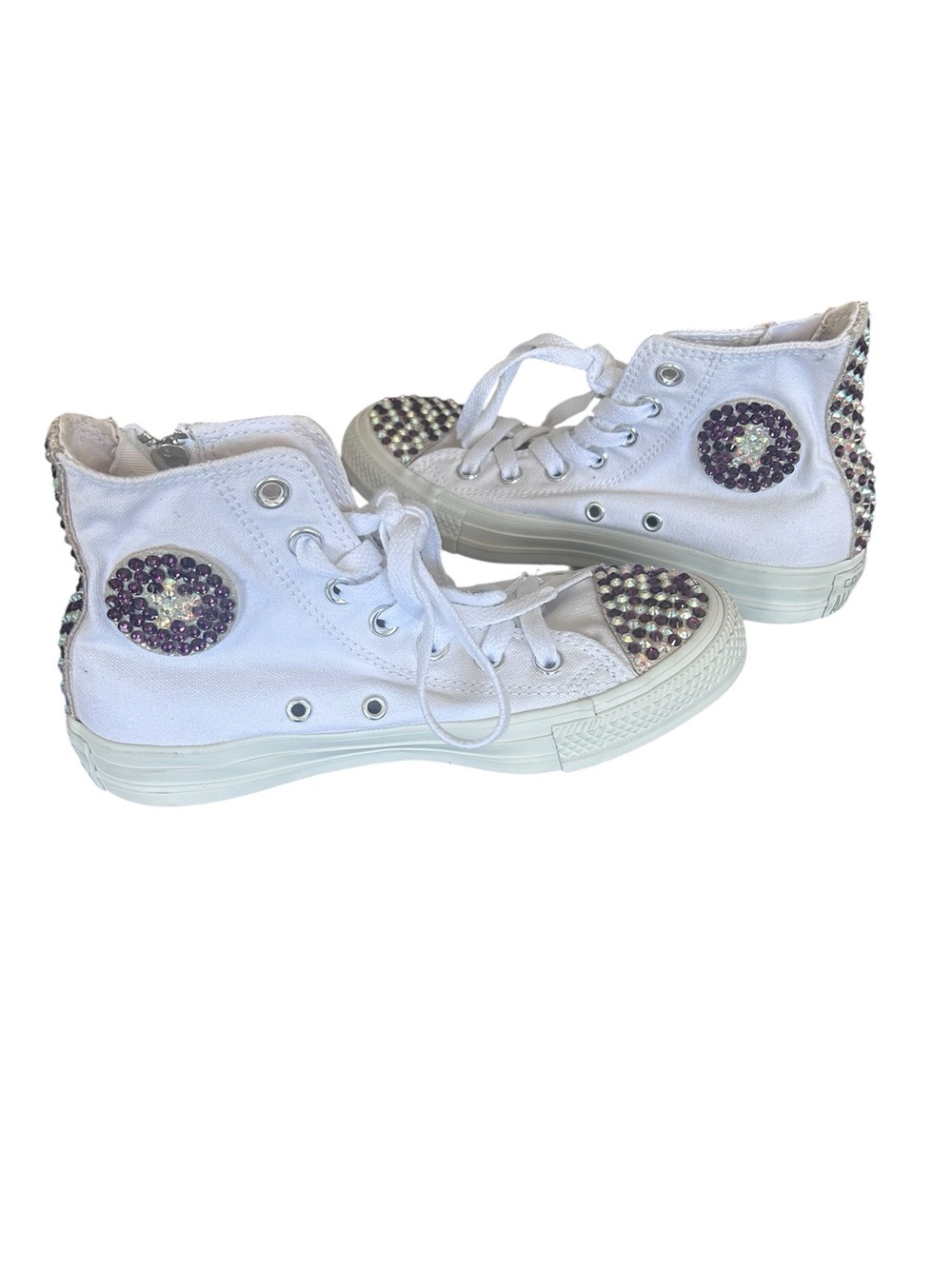 Converse White High-Top Sneakers with Purple Crystal Accents Size 5.5